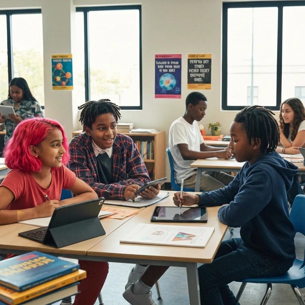 Diverse students and educators collaborating in a modern classroom, emphasizing learner-centered education
