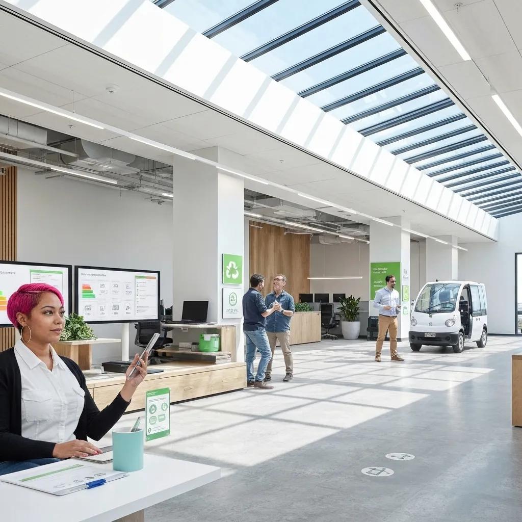 Workers in a sustainable factory utilizing energy-efficient systems