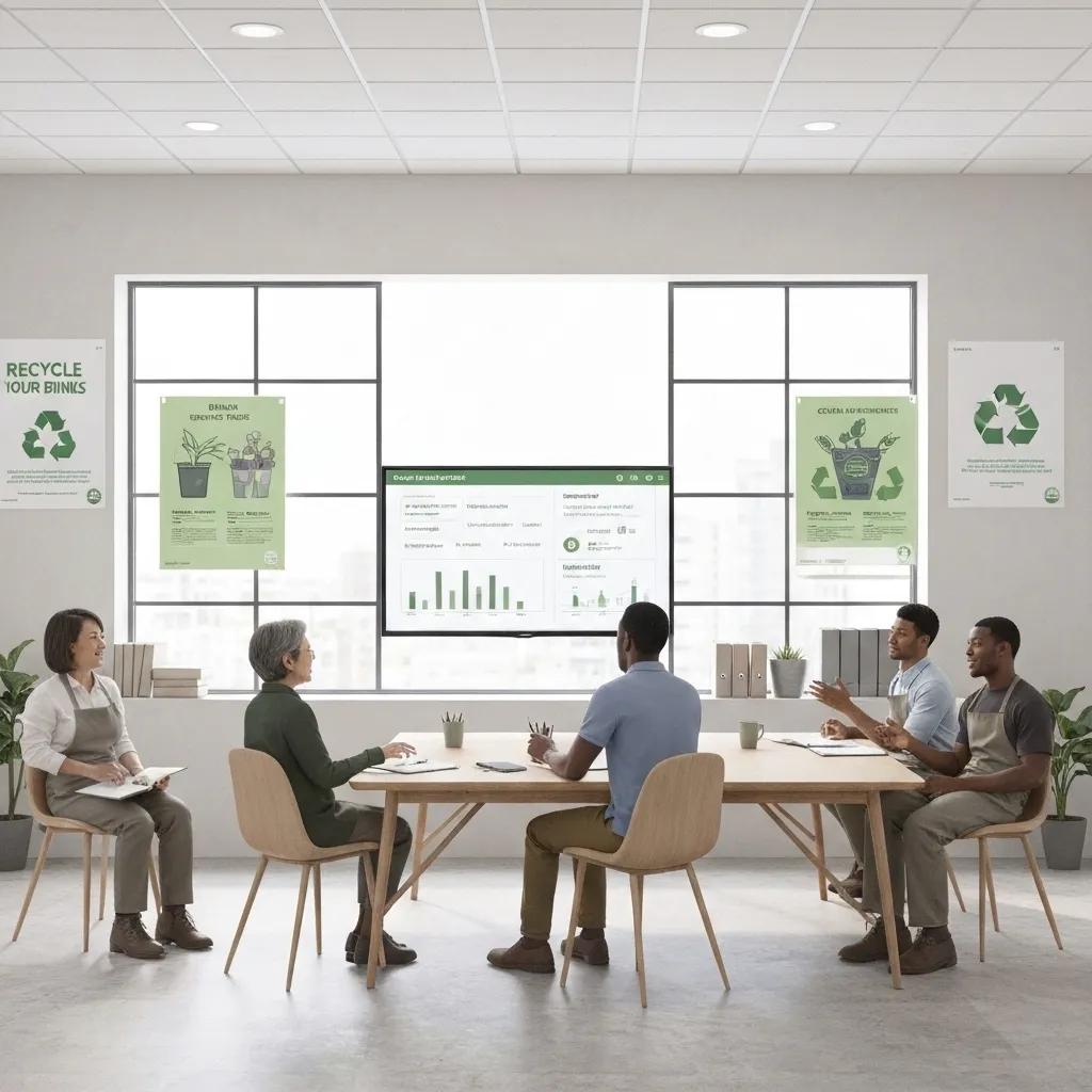 Team analyzing data on waste reduction and resource efficiency in a food service setting