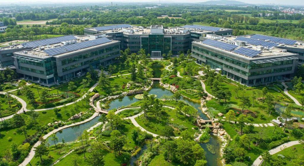 a vibrant, green landscape showcasing a thriving business complex, symbolising sustainability and innovation under a clear blue sky, with solar panels prominently displayed on the rooftop.