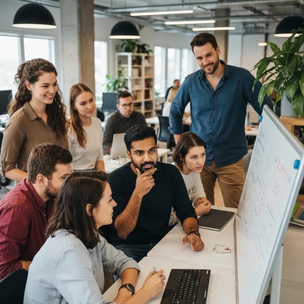 Group of diverse professionals collaborating in a modern office, analyzing data on a whiteboard and discussing strategies related to environmental management and ISO 14001 certification.