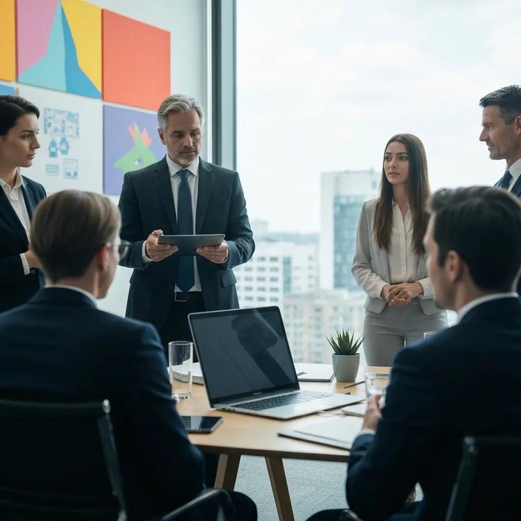 Business meeting with professionals discussing ISO 9001 certification benefits, featuring a diverse group in a modern office setting, with a laptop and tablet on the table.