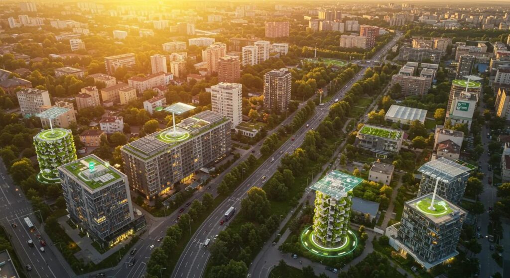a vibrant urban landscape showcasing energy-efficient technologies integrated within a modern infrastructure, illuminated by warm sunlight, symbolising the commitment to sustainability and innovation.