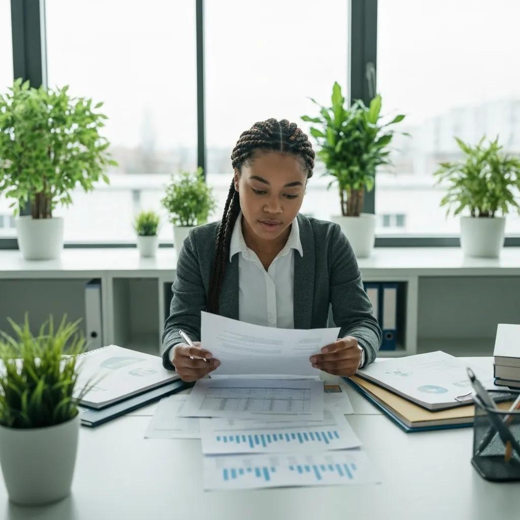 Environmental auditor reviewing documents in a modern office, symbolizing ISO 14001 audit process