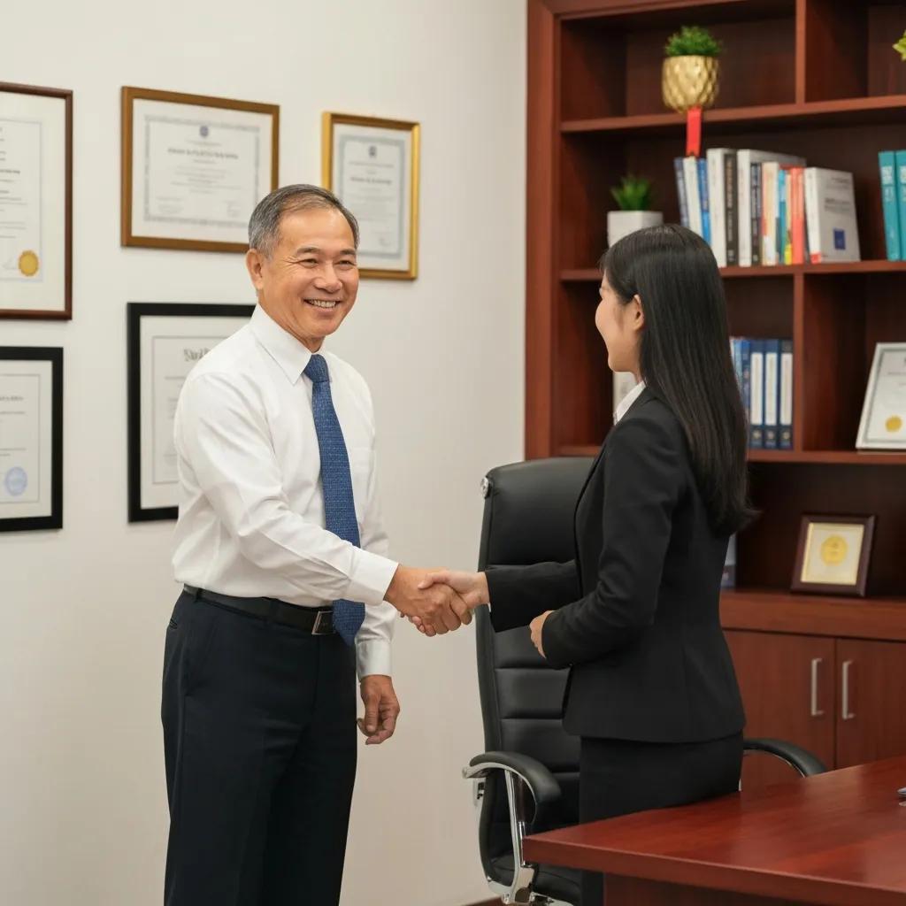 Business professionals shaking hands in an office setting, symbolizing trust and collaboration related to ISO 9001 certification and quality management systems.