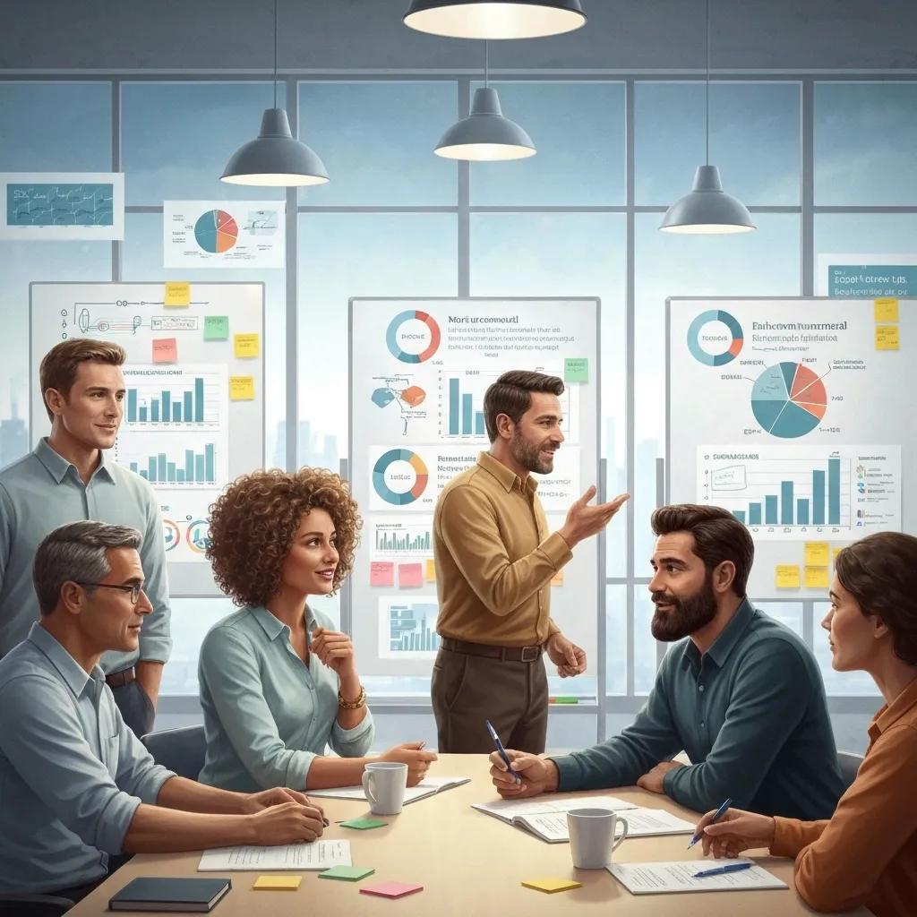 Group of professionals engaged in a meeting, discussing ISO 9001 certification strategies, surrounded by charts and graphs illustrating quality management processes and performance metrics.