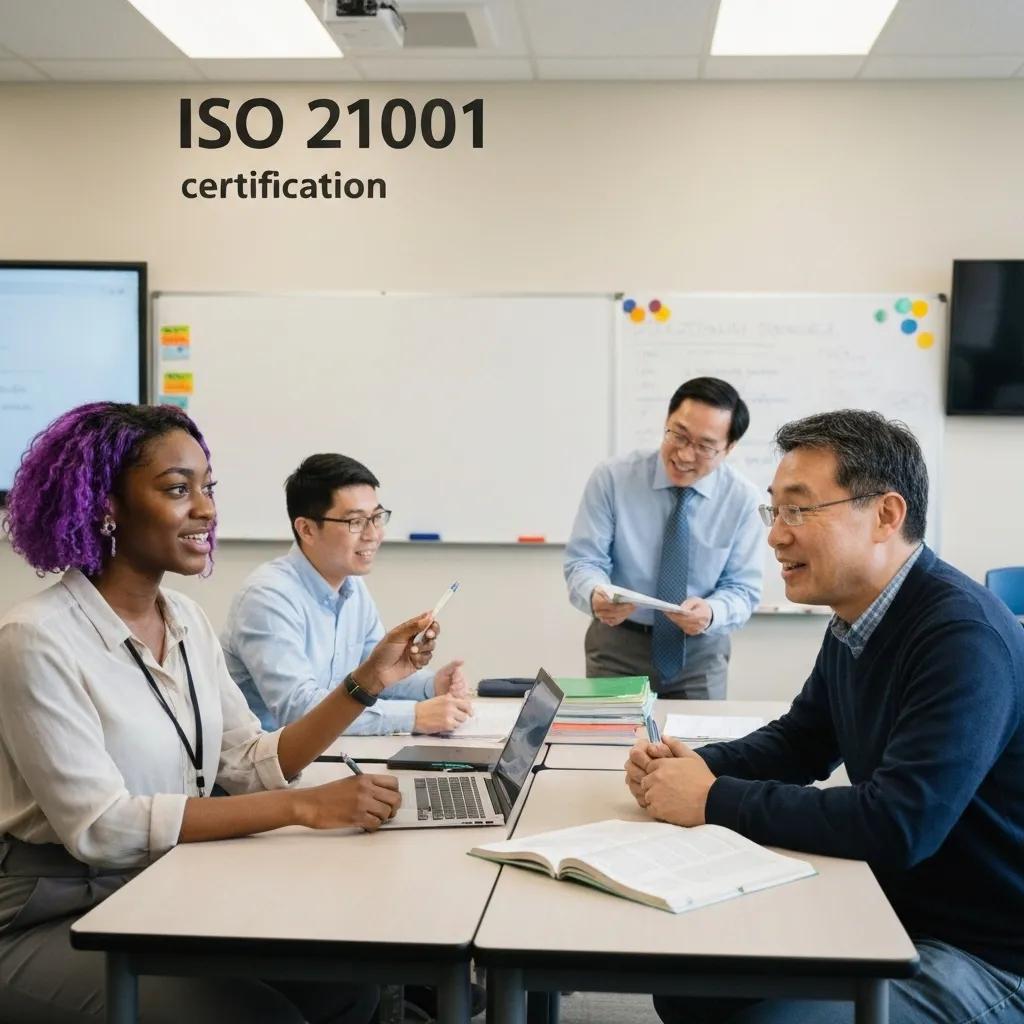 Diverse educational leaders collaborating in a modern classroom about ISO 21001 certification