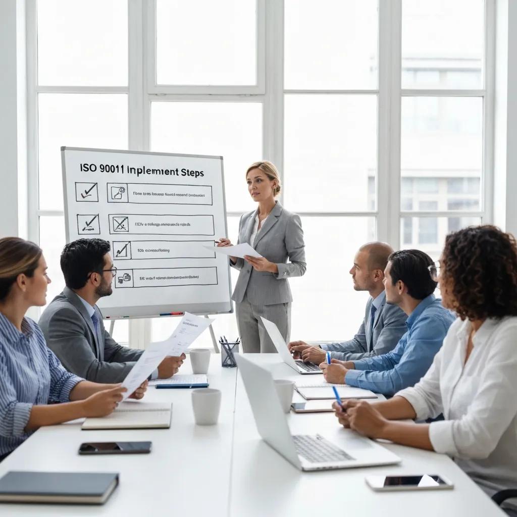 Business meeting with a project manager presenting ISO 9001 implementation steps on a whiteboard, surrounded by team members discussing quality management strategies.