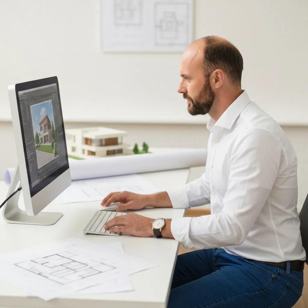 Man working on a computer in a modern office, focused on architectural design, with blueprints and a miniature building model on the desk, illustrating organizational management and efficiency in ISO certification processes.
