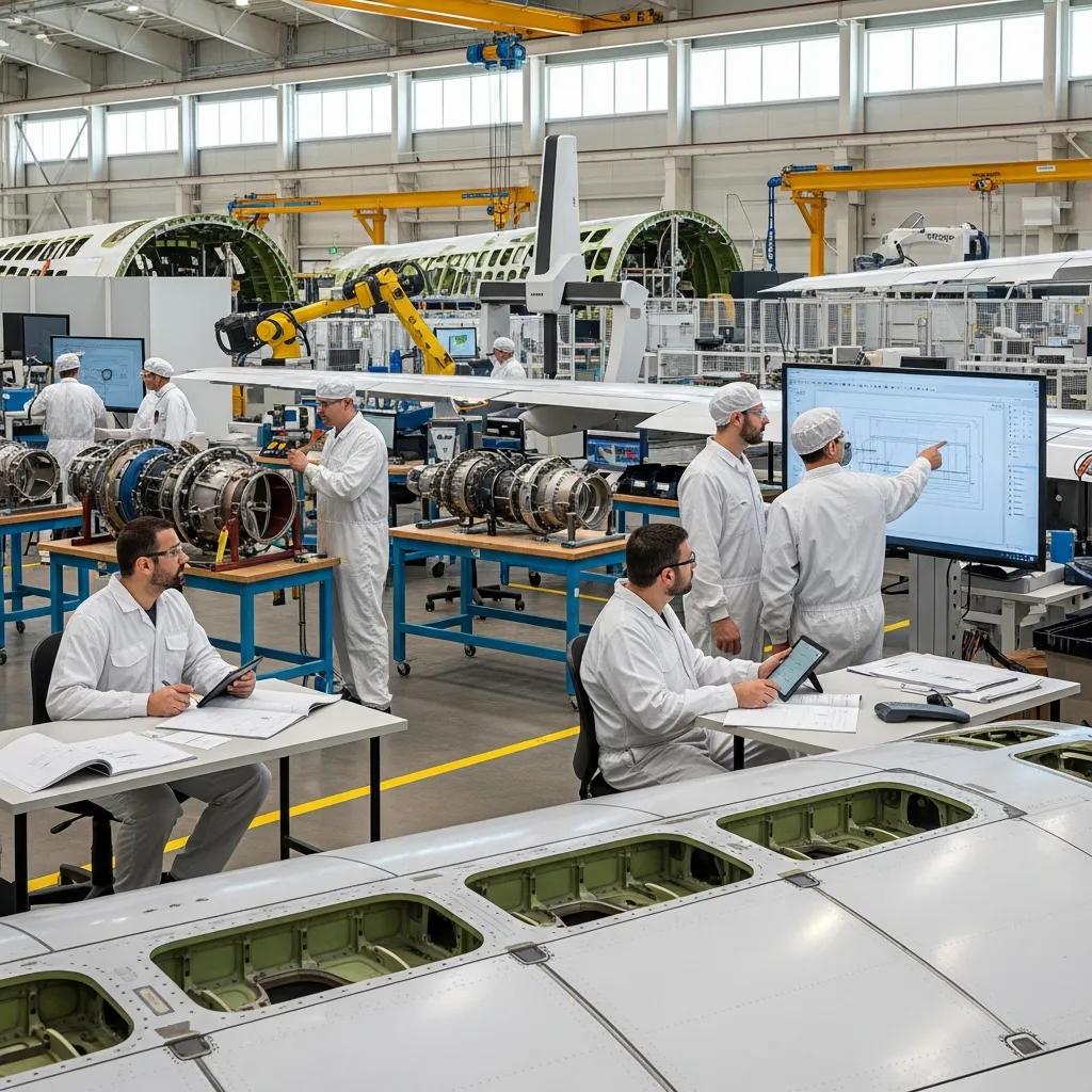 Aerospace manufacturing facility with engineers ensuring quality management processes