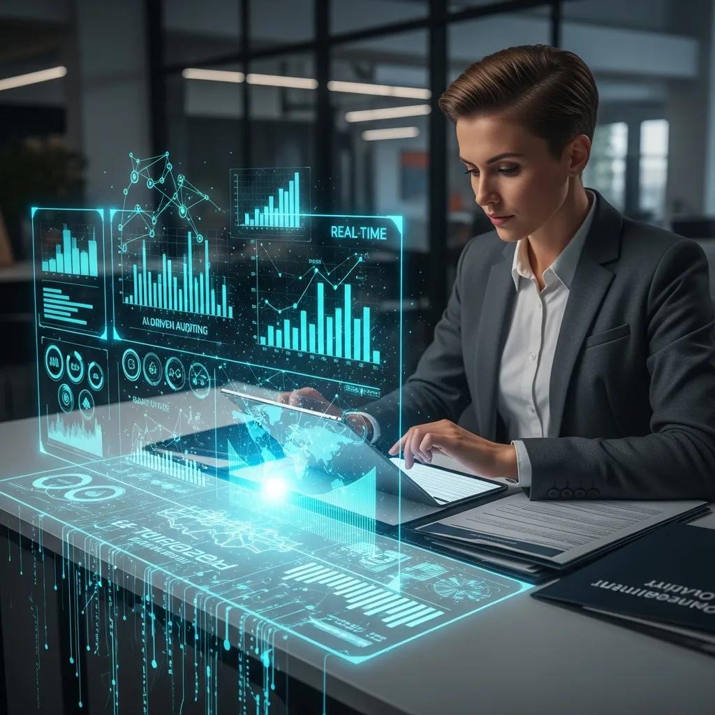 Auditor reviewing AI analytics on a dashboard to support audit processes