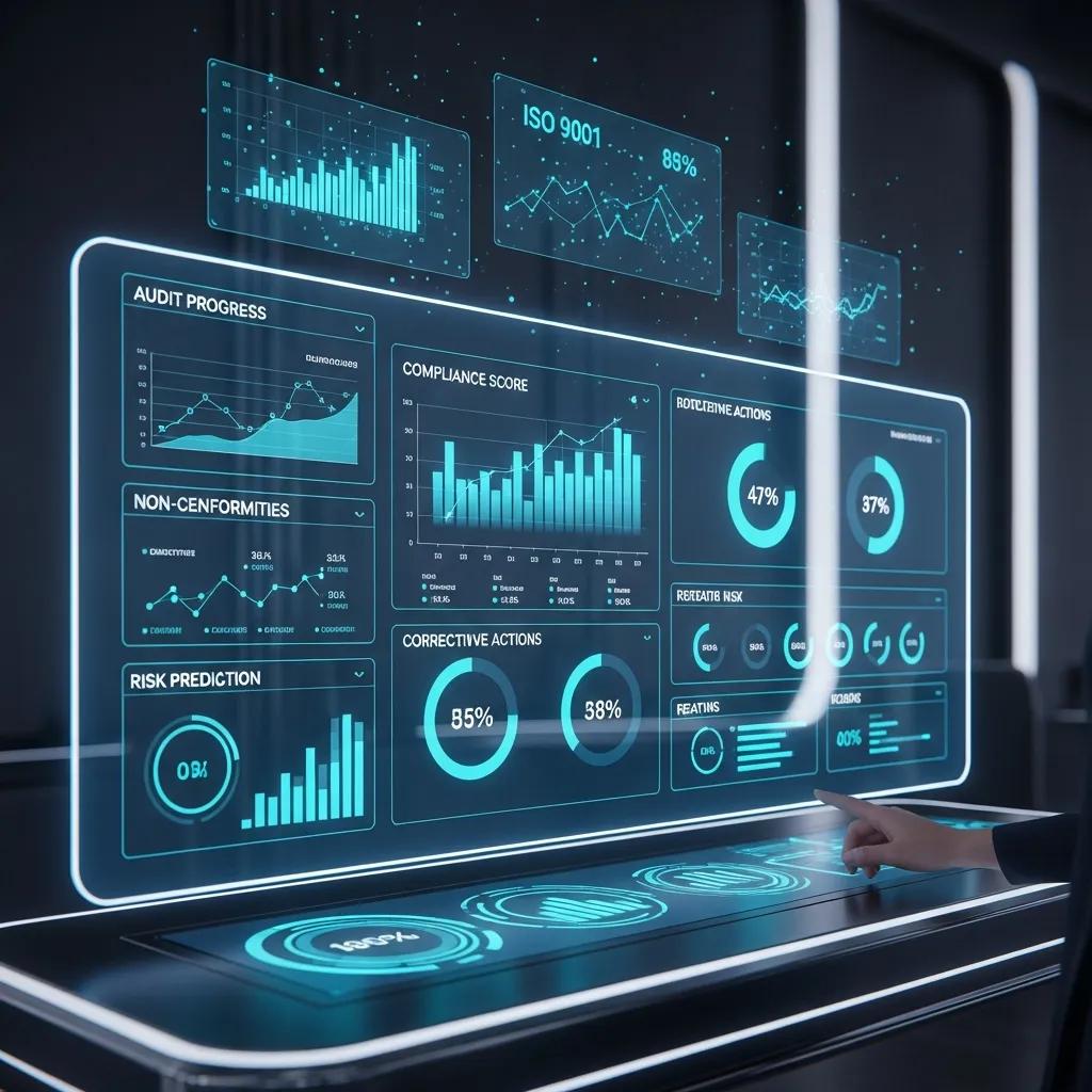 AI dashboard analyzing audit data for ISO 9001 in an office setting