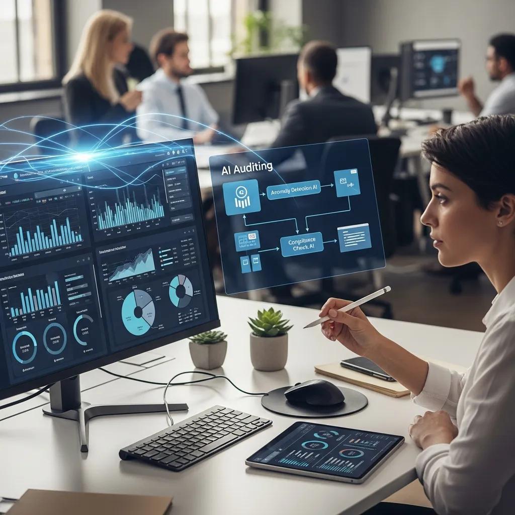 Illustration of AI enhancing audit workflows with analytics and data-driven insights