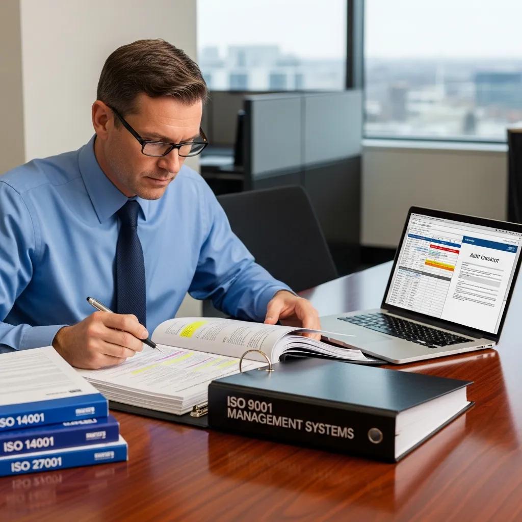 Auditor reviewing ISO guidance during an assessment
