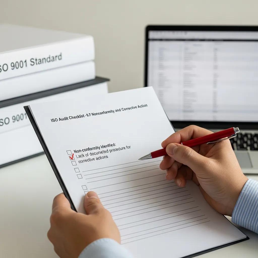 Auditor checking a checklist for common ISO non‑conformities