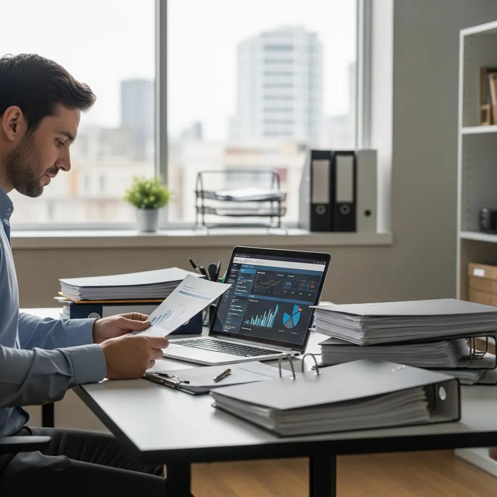 Auditor reviewing compliance documents in a professional office