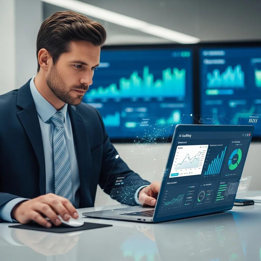 Auditor reviewing AI-powered audit software on a laptop in an office