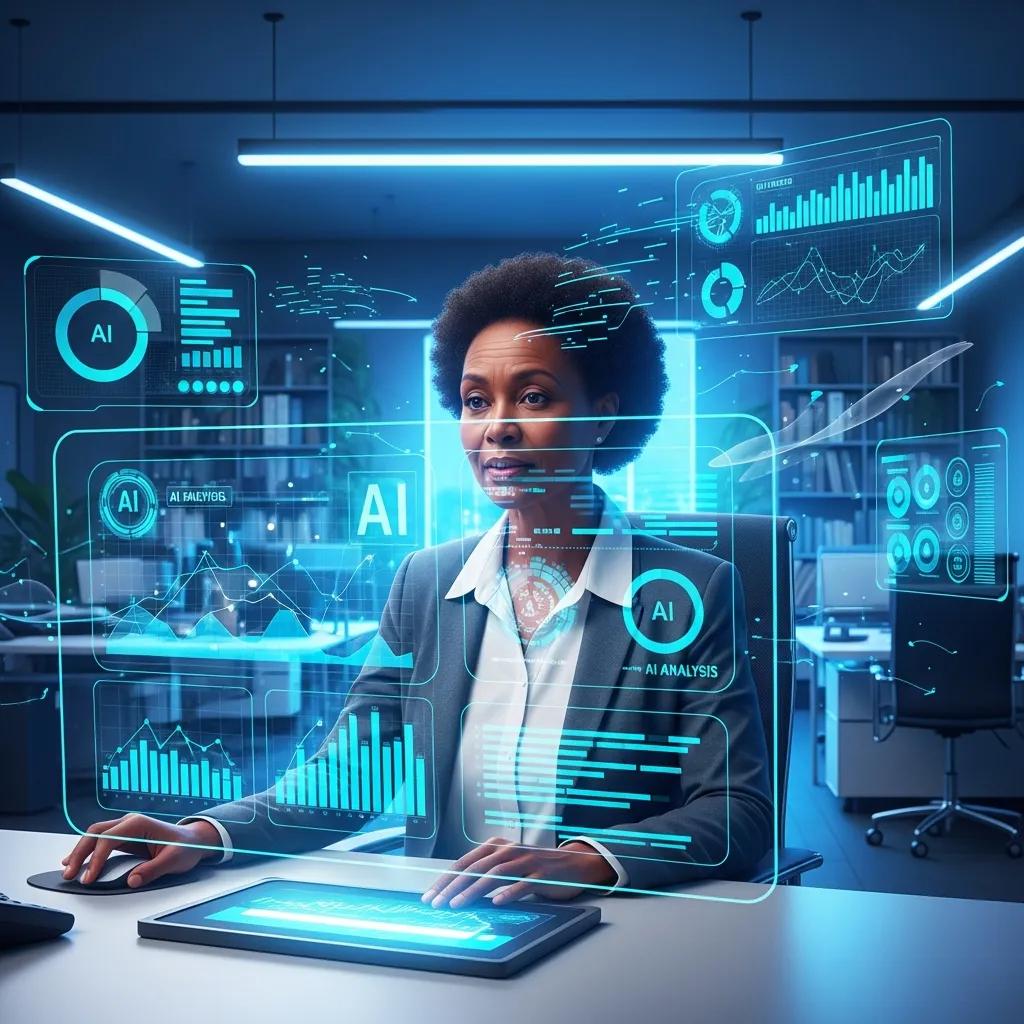 Auditor using AI tools to analyse documents in a modern workspace