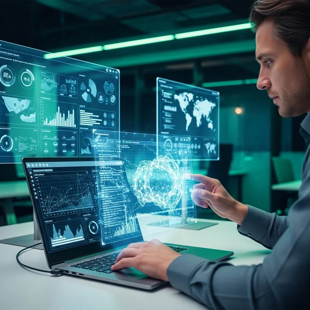 Auditor using AI tools to analyze data in an office