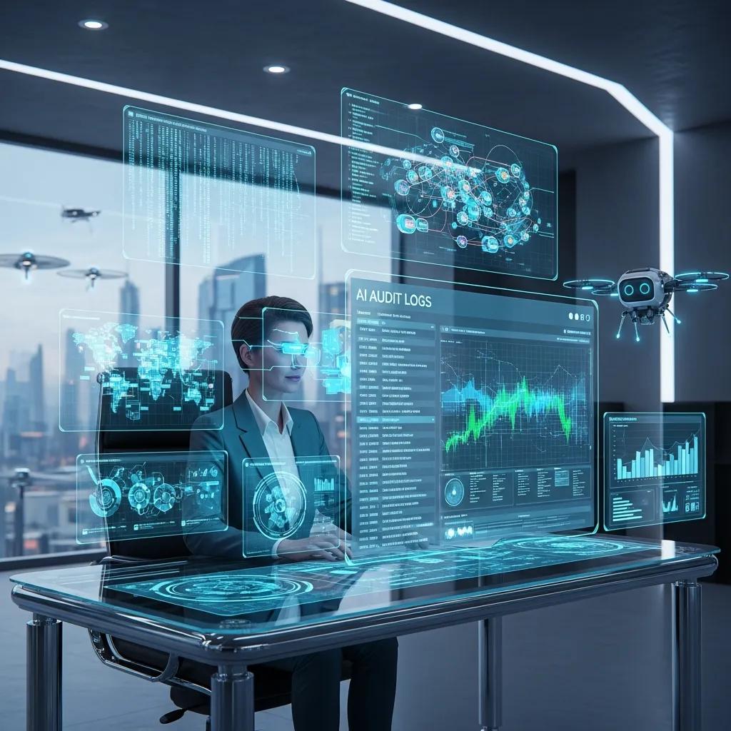 Auditor using AI tools for data security analysis in a modern office
