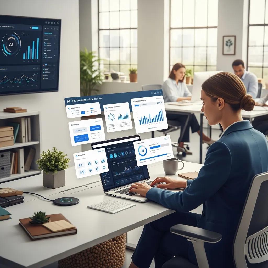 Auditor using AI tools to streamline ISO auditing in a modern workspace