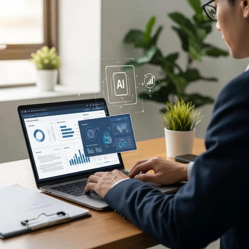 Auditor reviewing leadership documents with AI tools during certification