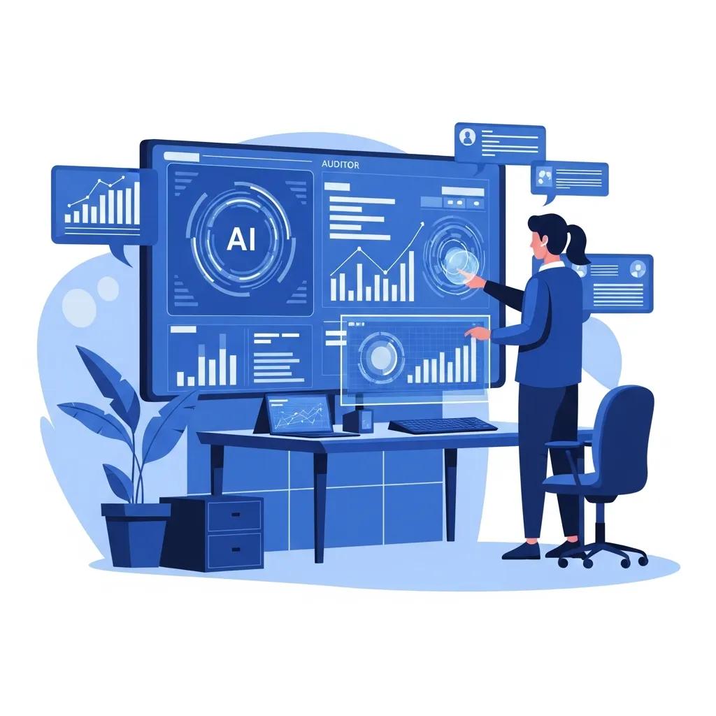Auditor using AI tools to analyze data in a modern workspace