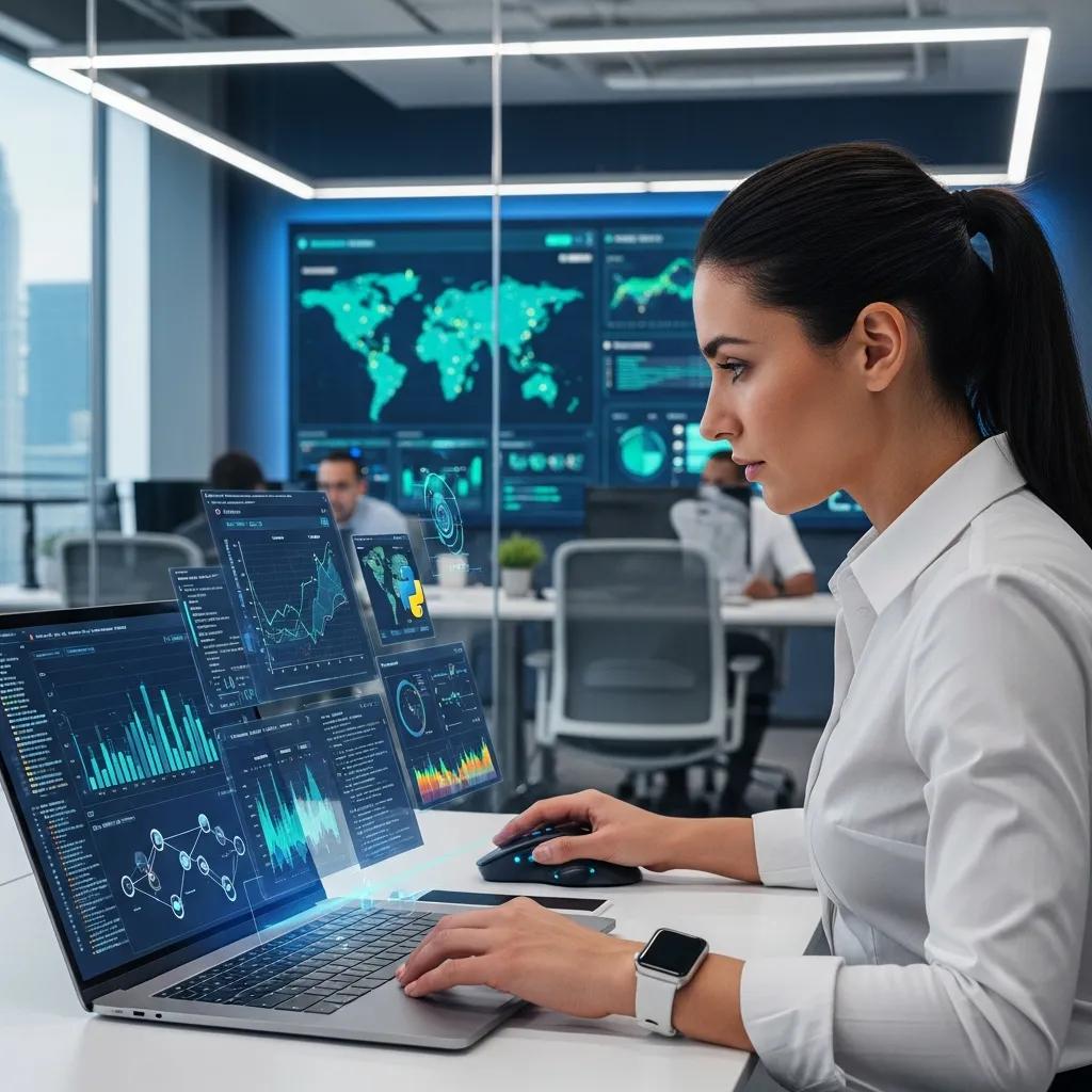 Auditor using AI tools to analyze evidence in a modern office