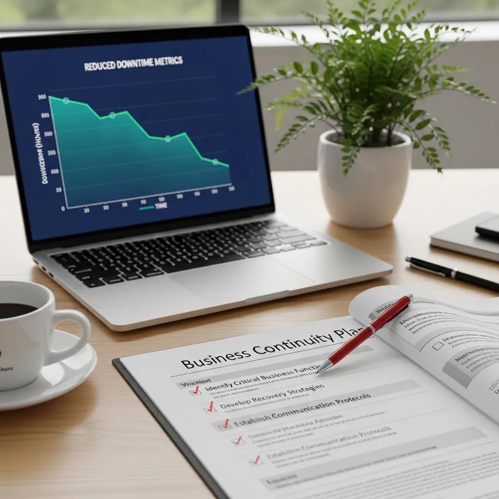 Business continuity plan and performance metrics on a laptop