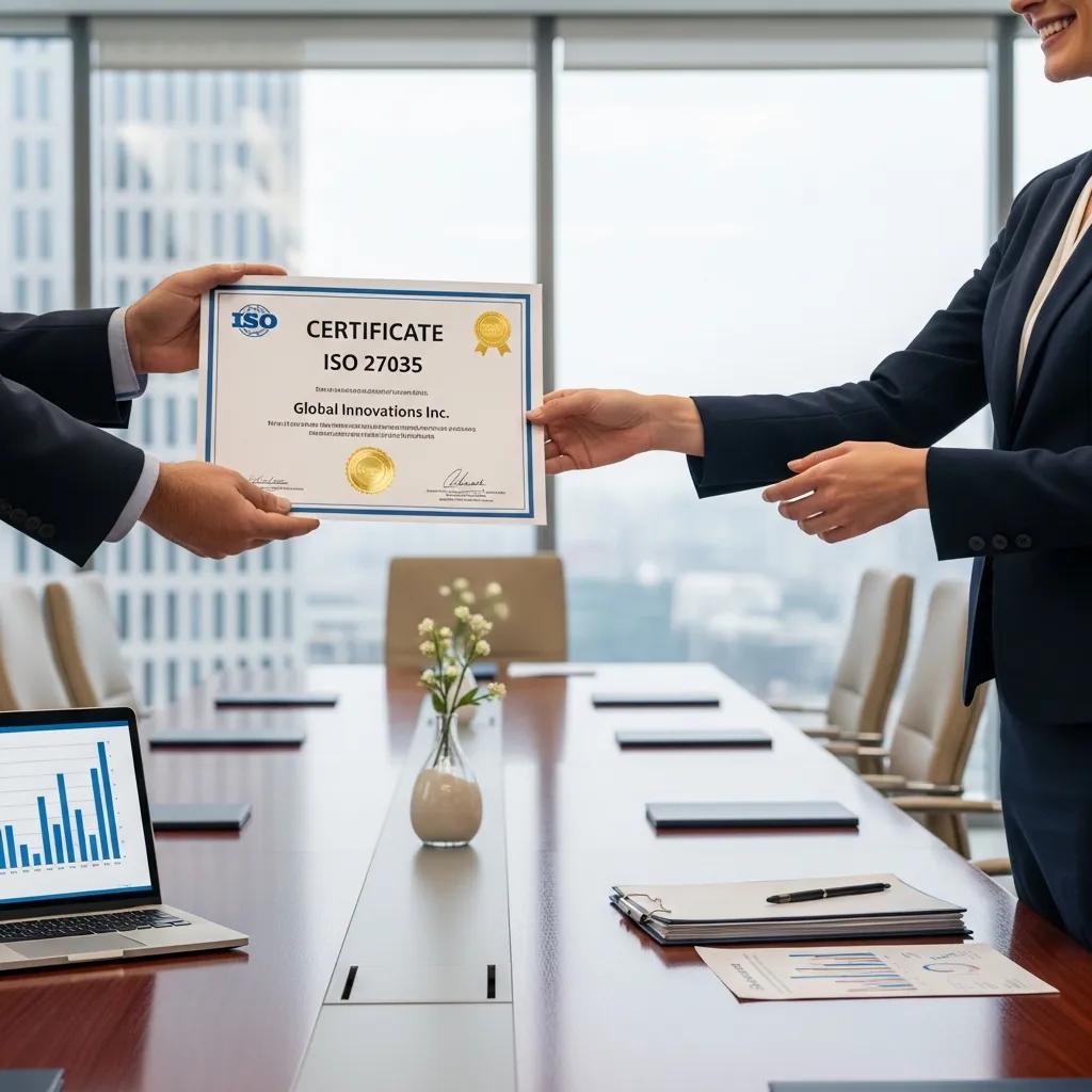 Executive receiving ISO 27035 certification in a corporate setting