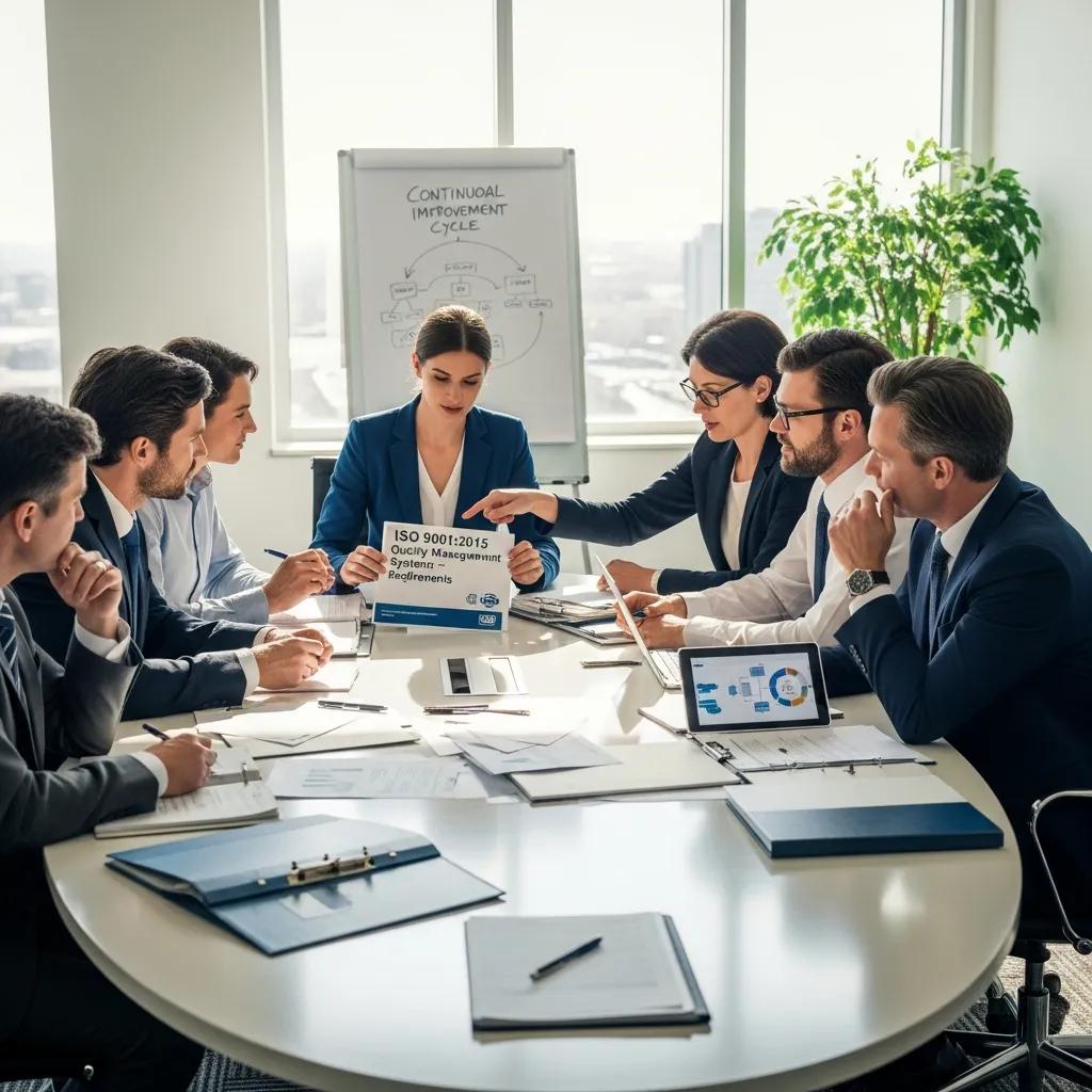 Business leaders collaborating on ISO 9001 management review strategies in a modern conference room