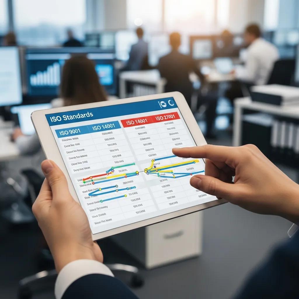 Business professional analyzing ISO standards comparison on a tablet