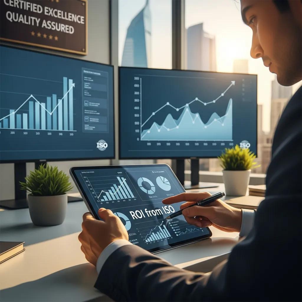 Professional reviewing ROI charts for ISO certification
