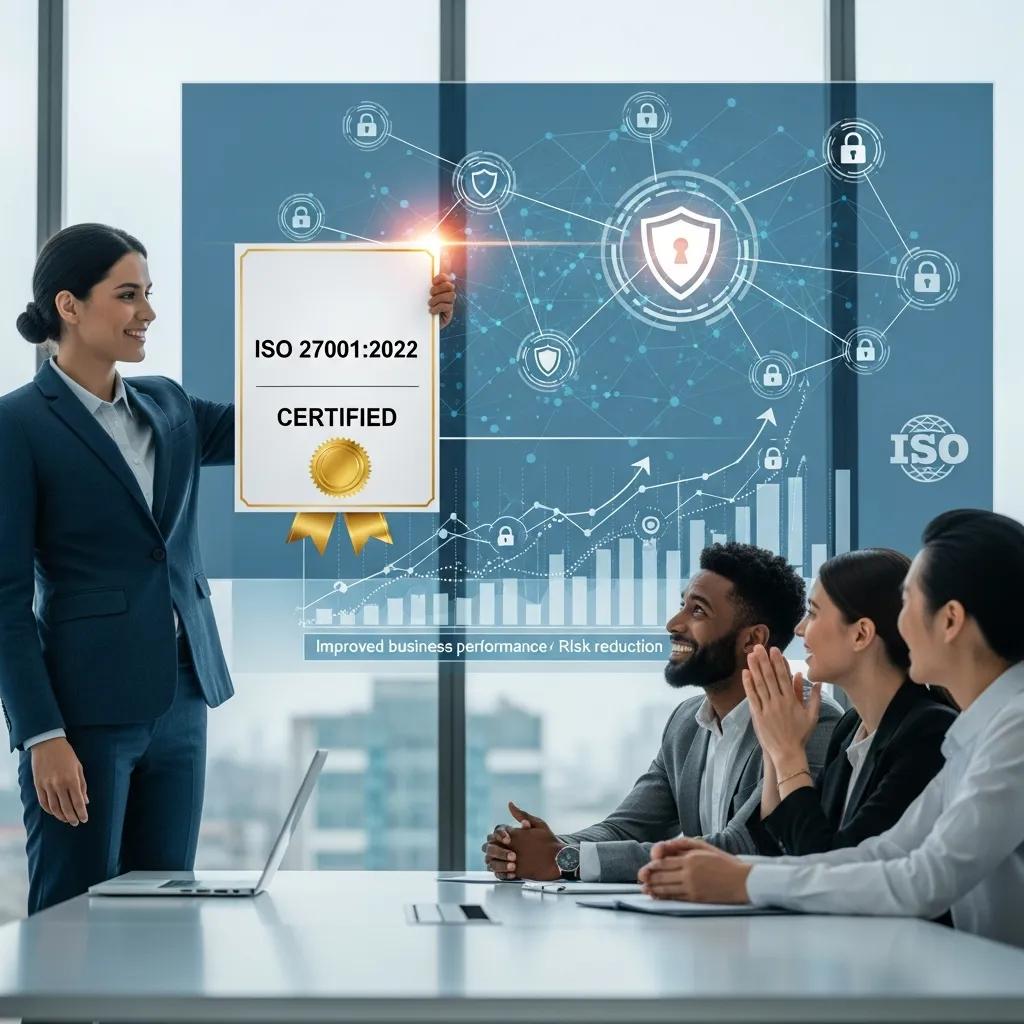 Presenter sharing ISO 27001:2022 certification outcomes with a team