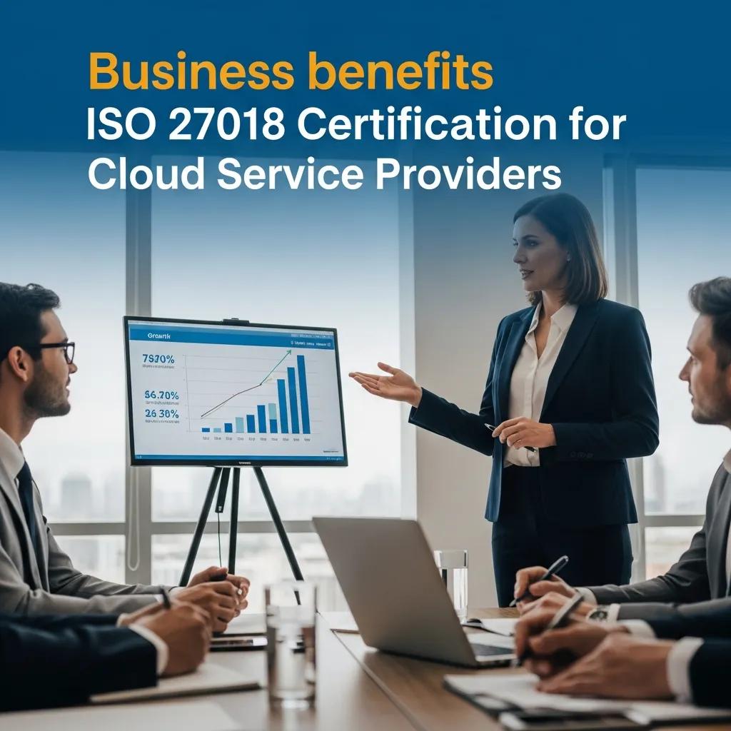 Presenter outlining the business benefits of ISO 27018 certification in a meeting room