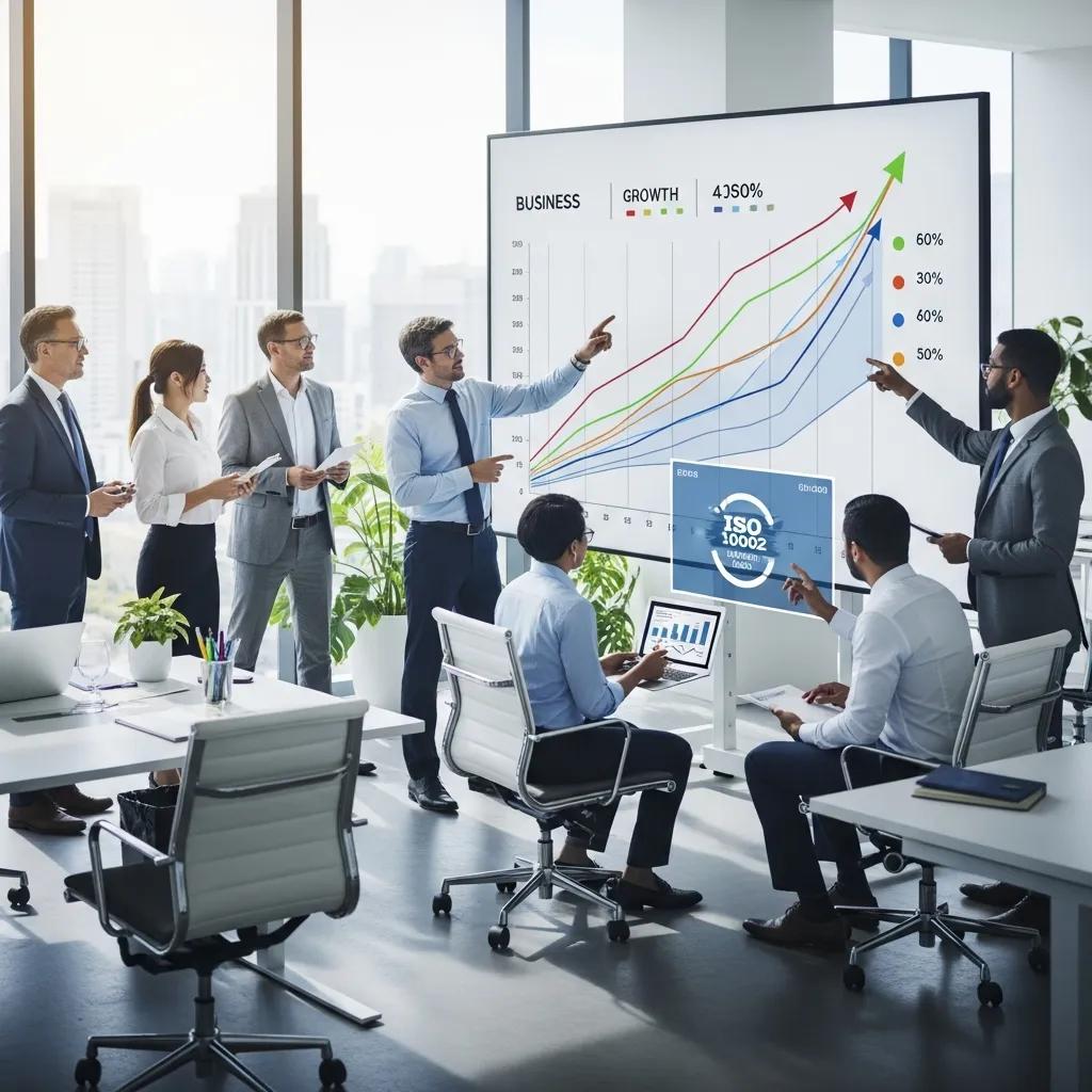 Professionals reviewing data and strategy related to ISO 10002 certification