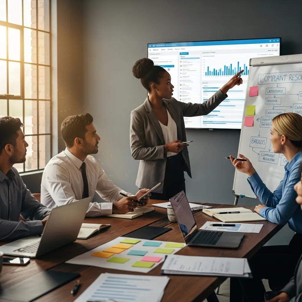 Business professionals collaborating on customer complaint management strategies in a modern office