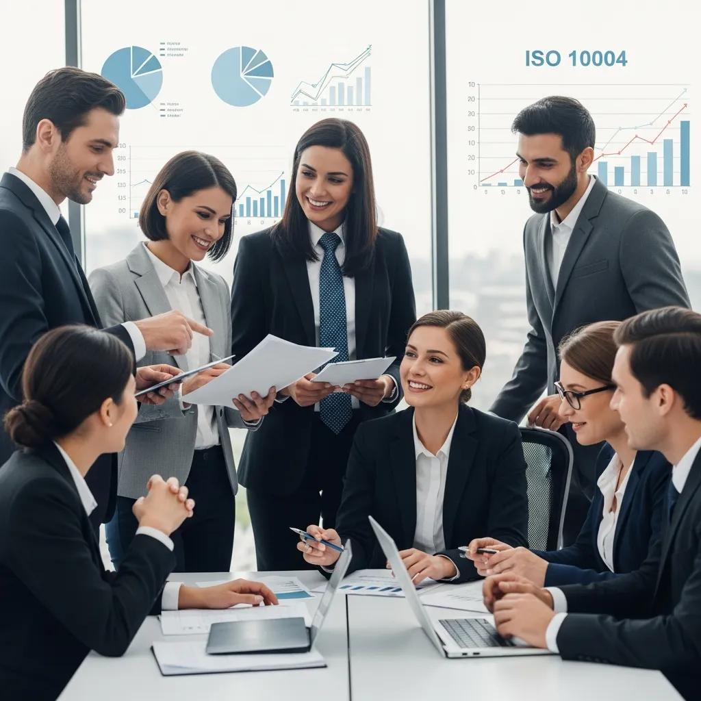 Business professionals collaborating on customer satisfaction metrics in a modern office