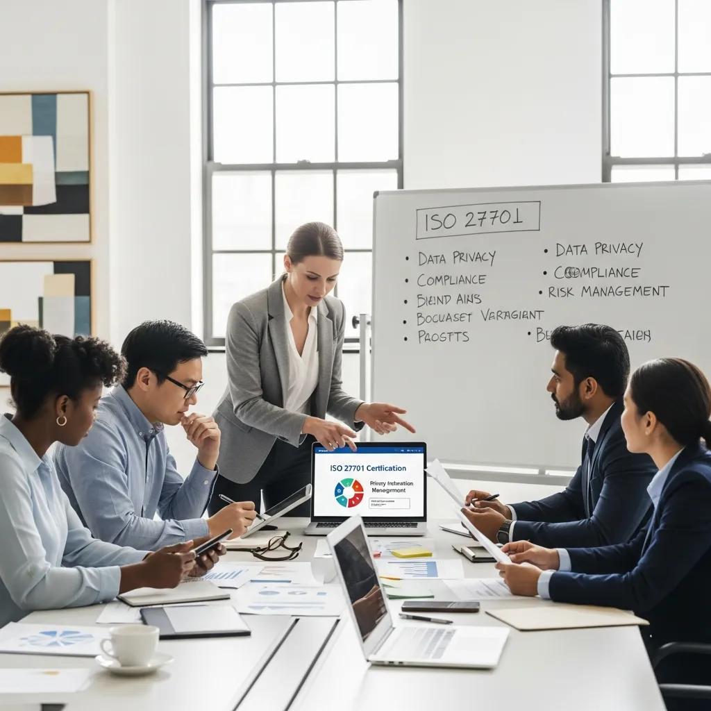 Business professionals collaborating on ISO 27701 certification in a modern office