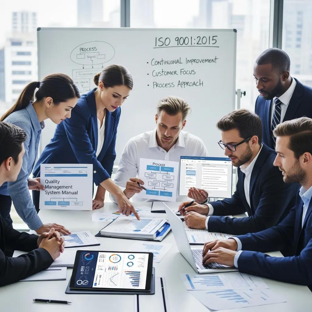 Business professionals collaborating on ISO 9000 quality management standards in a modern office