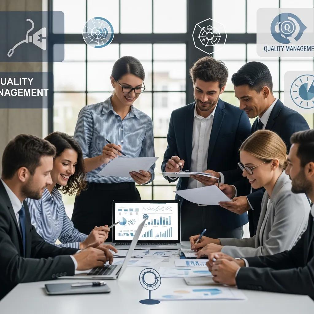 Business professionals collaborating on ISO 9001 quality management strategies in a modern office