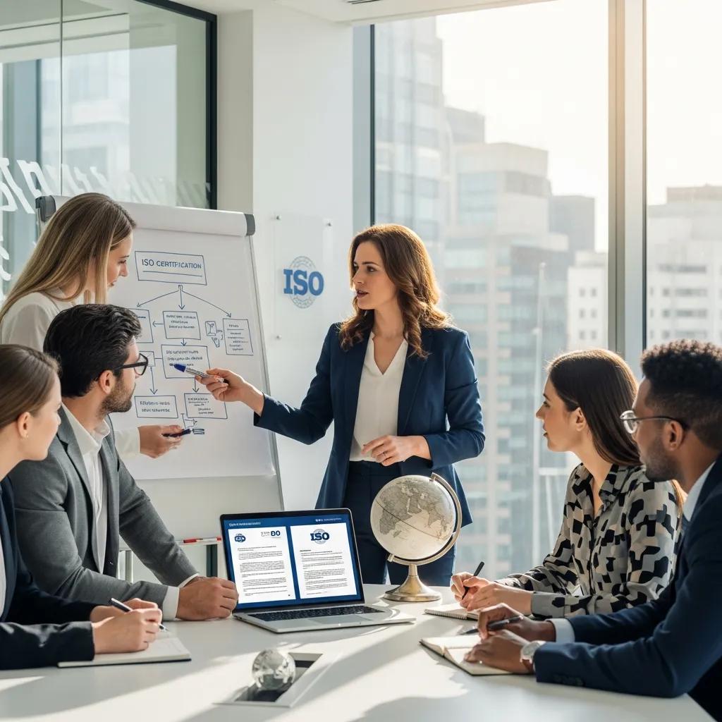 Business professionals collaborating on ISO certification and accreditation in a modern office