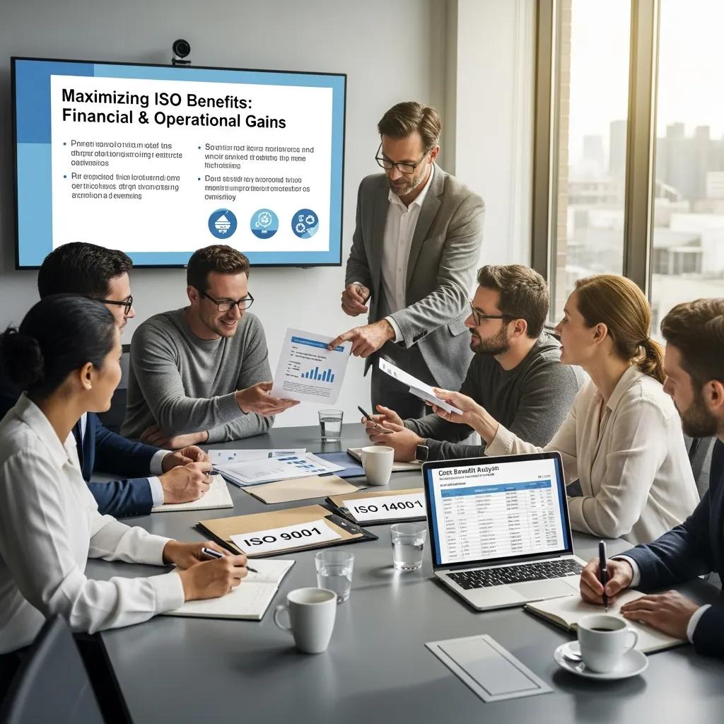 Business professionals collaborating on ISO certification benefits in a modern office