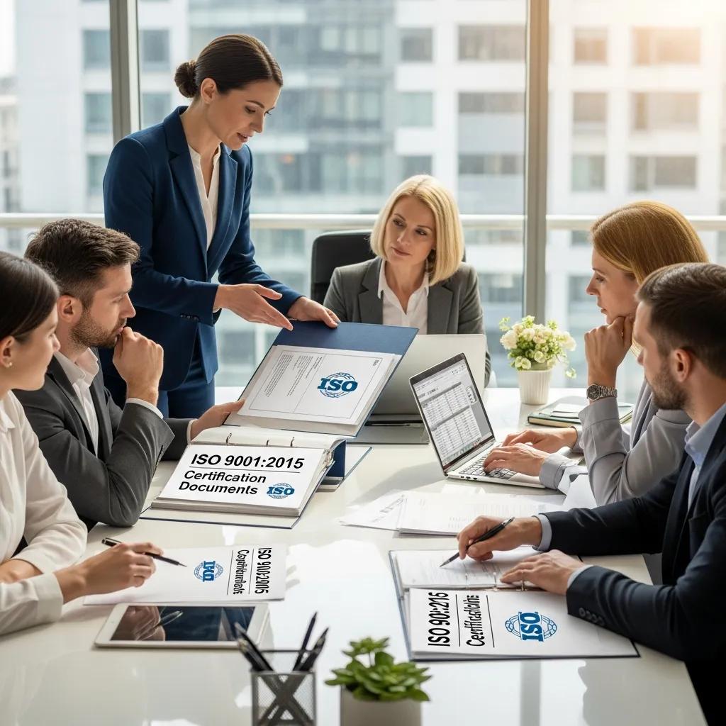 Business professionals collaborating on ISO certification documents in a modern office