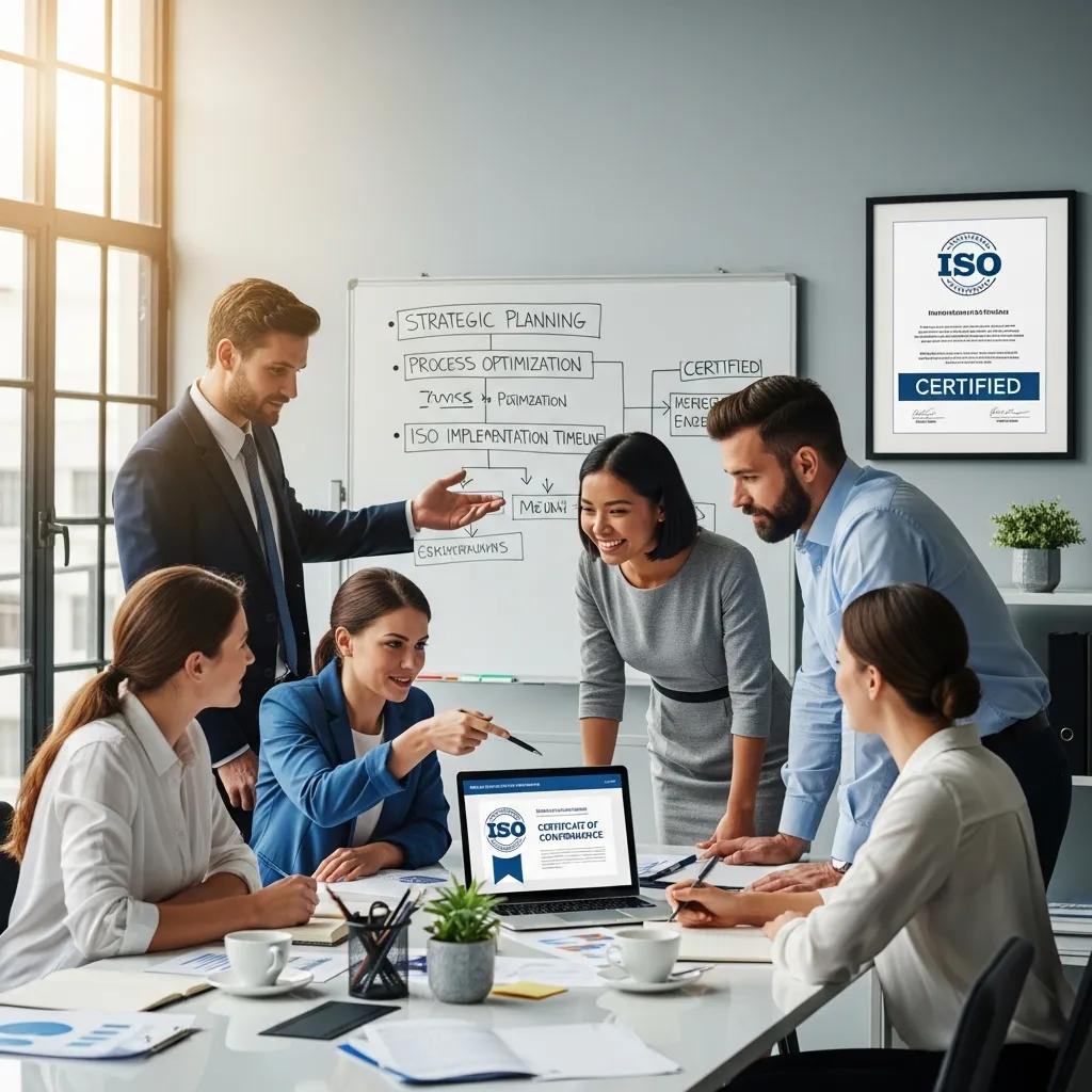 Business professionals collaborating on ISO certification process and strategic planning in a modern office.