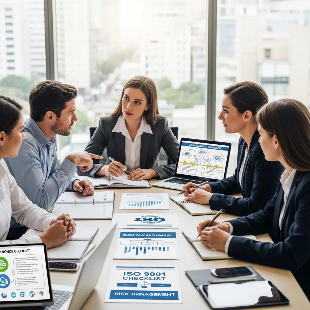 Business professionals collaborating on ISO certification in a modern office