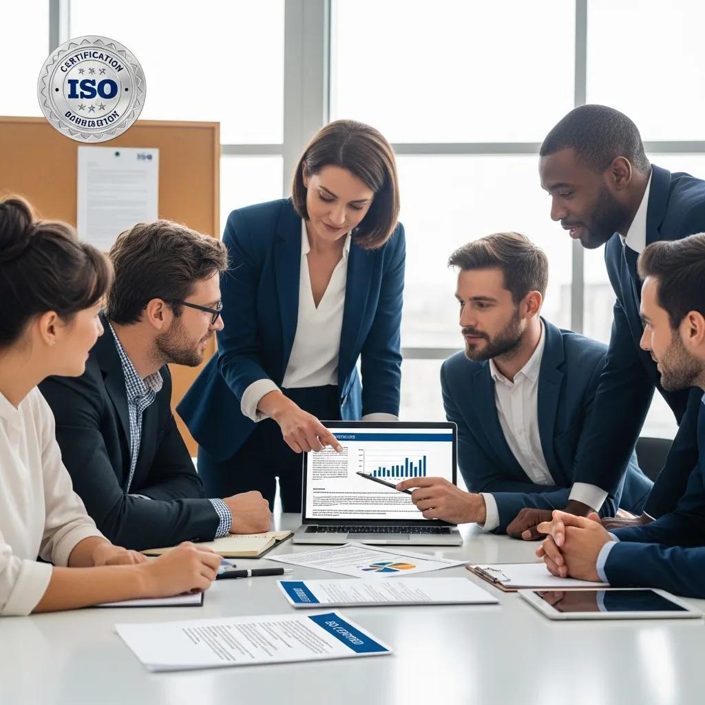 Business professionals collaborating on ISO certification in a modern office