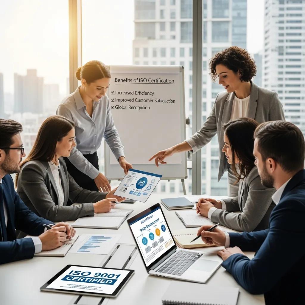 Business professionals collaborating on ISO certification in a modern office