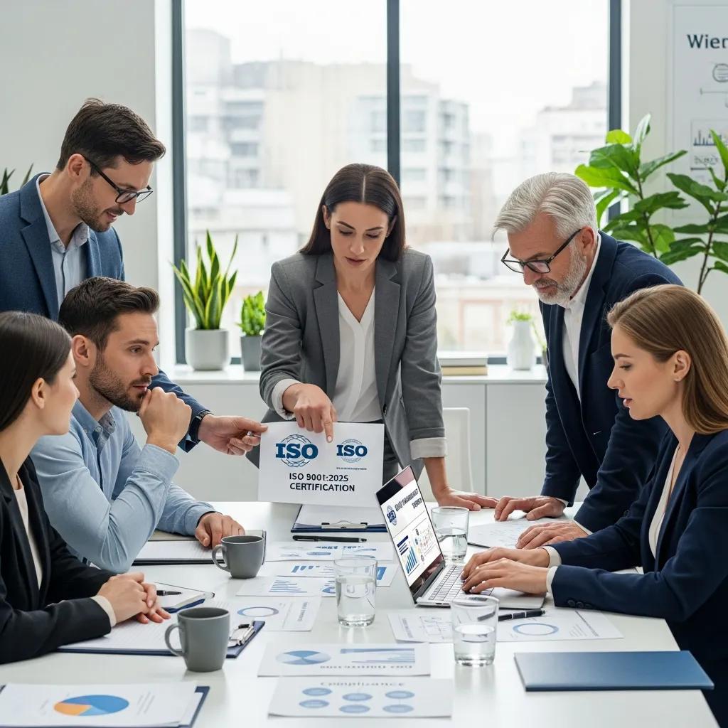 Business professionals collaborating on ISO certification in a modern office