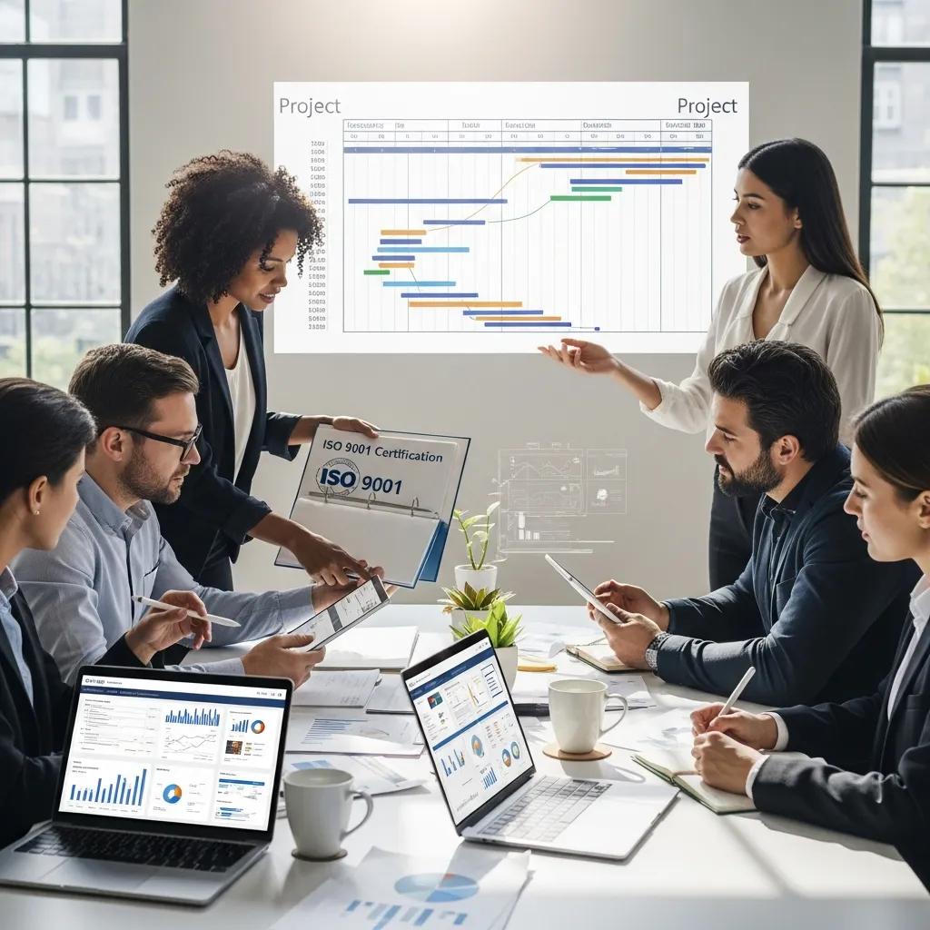 Business professionals collaborating on ISO certification in a modern office